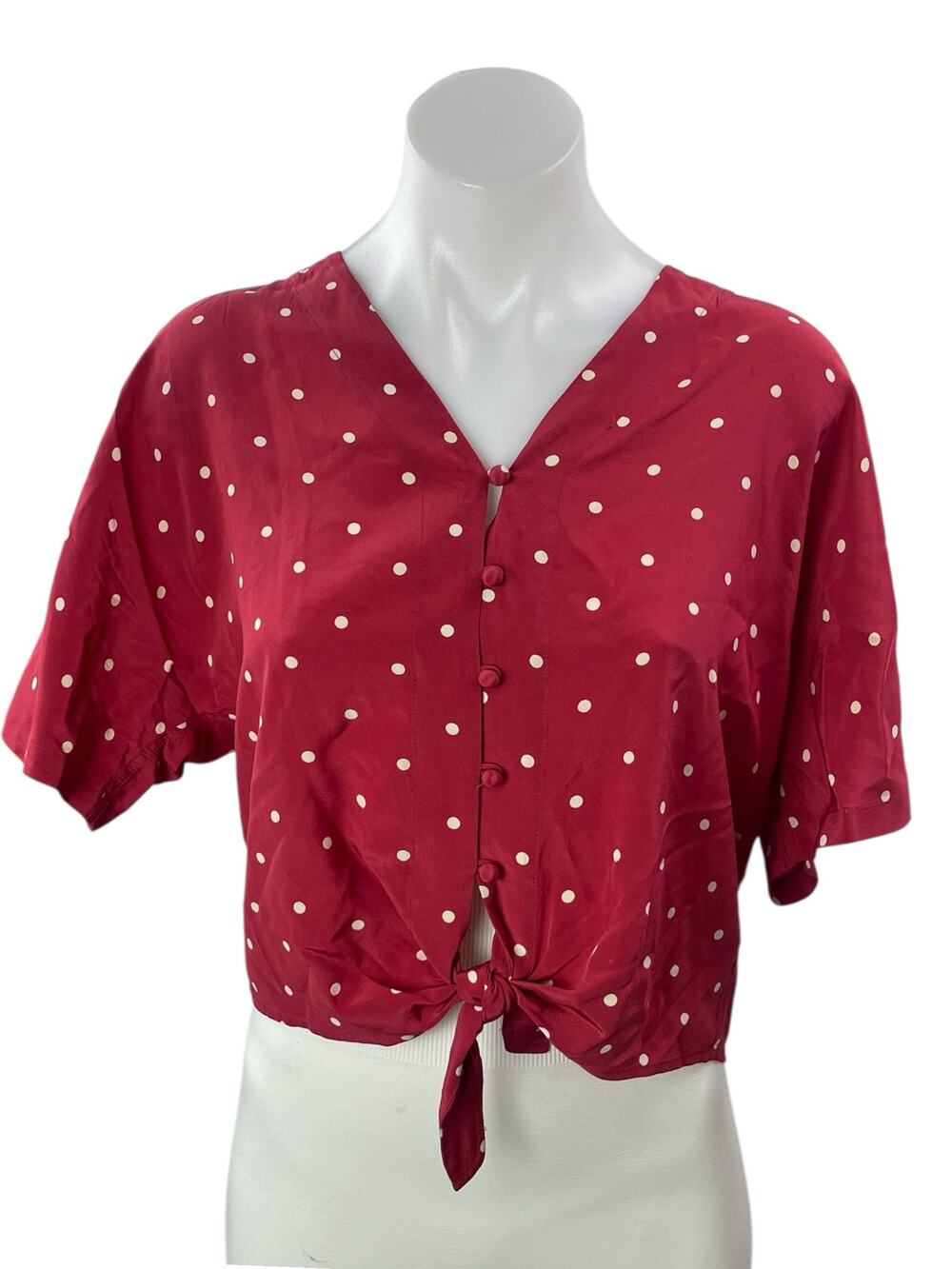 Rails Women's Red Polka Dots 100% Silk Short Sleeve Button Up Blouse Top Sz XS